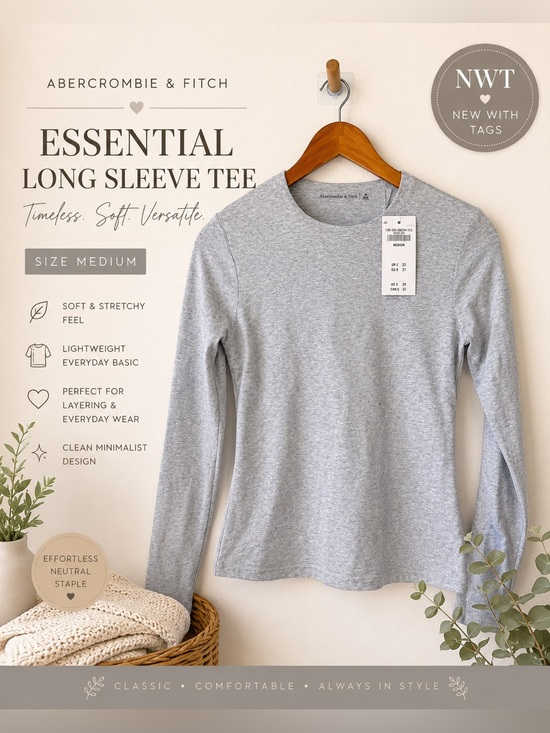 Abercrombie & Fitch Tops - Abercrombie & Fitch Heather Gray Long Sleeve Essential Tee Size Medium NWT